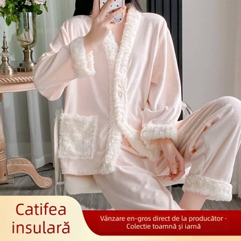 Set de pijama pentru femei - Poliester 95–100%, Țesătură groasă, Mâneci lungi, Decolteu în V, Pantaloni lungi