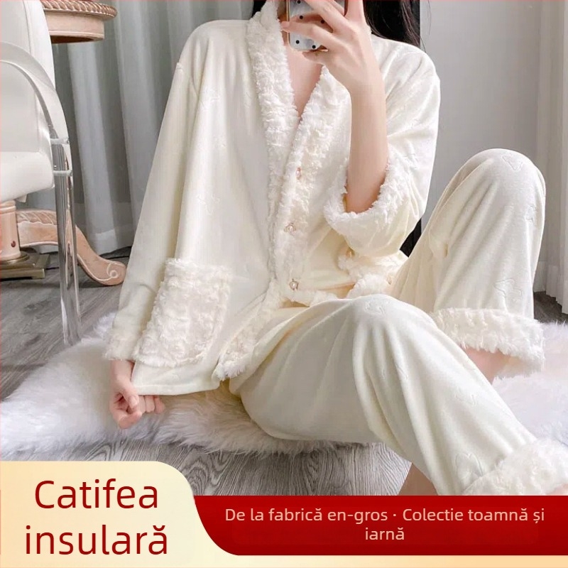 Set de pijama pentru femei - Poliester 95–100%, Țesătură groasă, Mâneci lungi, Decolteu în V, Pantaloni lungi