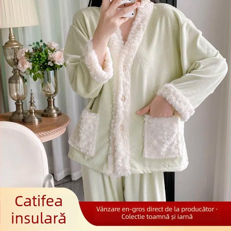 Set de pijama pentru femei - Poliester 95–100%, Țesătură groasă, Mâneci lungi, Decolteu în V, Pantaloni lungi