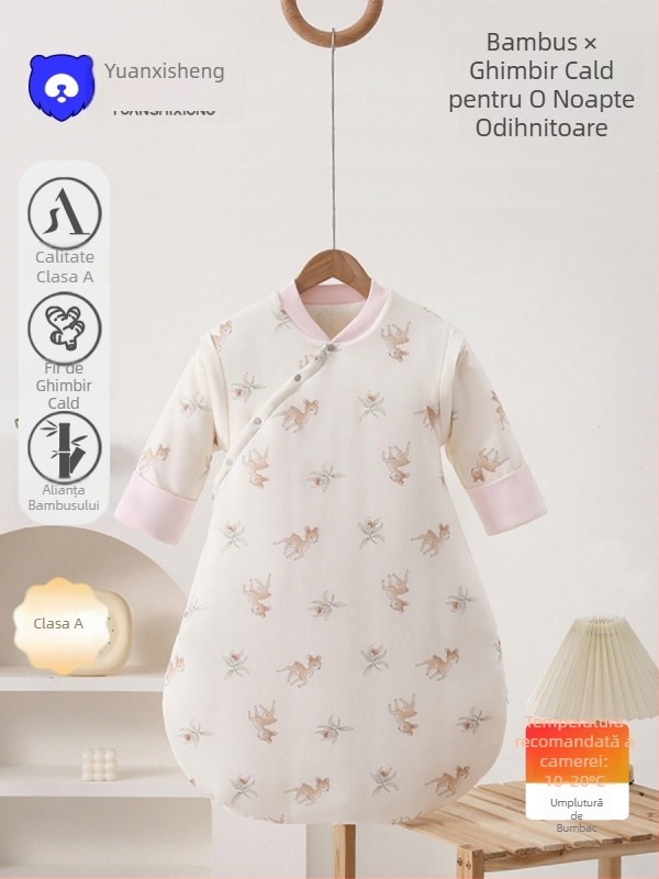 Sac de dormit pentru bebeluși, unic în ansamblu, cu fixare a picioarelor în formă de U, toamnă-iarnă, exterior viscoză+bumbac, interior 100% bumbac, umplutură poliester/viscoză, model cartoon, de la naștere până la 12 luni, Shangyingguo
