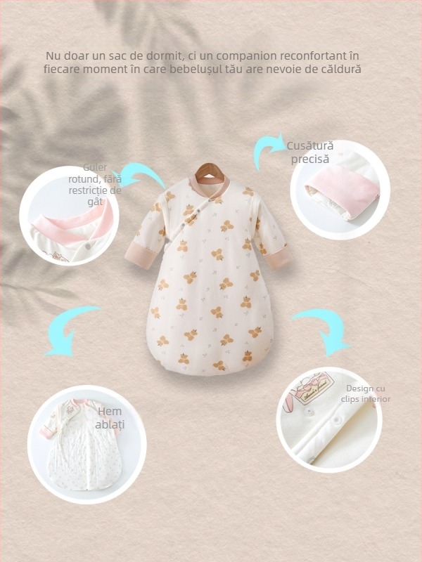 Sac de dormit pentru bebeluși, unic în ansamblu, cu fixare a picioarelor în formă de U, toamnă-iarnă, exterior viscoză+bumbac, interior 100% bumbac, umplutură poliester/viscoză, model cartoon, de la naștere până la 12 luni, Shangyingguo