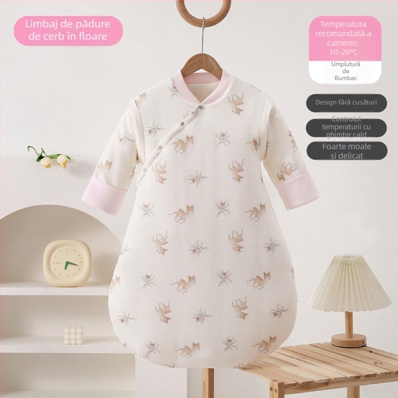 Sac de dormit pentru bebeluși, unic în ansamblu, cu fixare a picioarelor în formă de U, toamnă-iarnă, exterior viscoză+bumbac, interior 100% bumbac, umplutură poliester/viscoză, model cartoon, de la naștere până la 12 luni, Shangyingguo