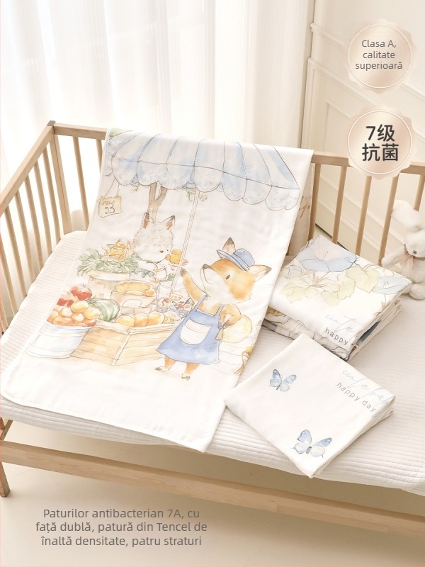 Pătură de aruncat pentru bebeluși — fibre de bambus, model desen animat, siguranță Clasă A, potrivită pentru sugari și copii mici (1–3 ani), pe tot parcursul anului