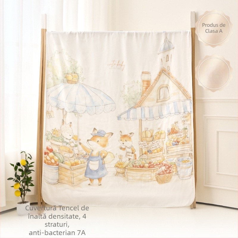 Pătură de aruncat pentru bebeluși — fibre de bambus, model desen animat, siguranță Clasă A, potrivită pentru sugari și copii mici (1–3 ani), pe tot parcursul anului