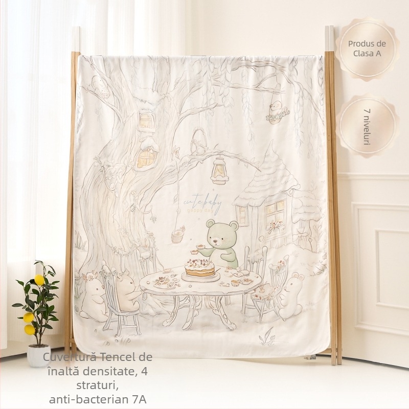 Pătură de aruncat pentru bebeluși — fibre de bambus, model desen animat, siguranță Clasă A, potrivită pentru sugari și copii mici (1–3 ani), pe tot parcursul anului