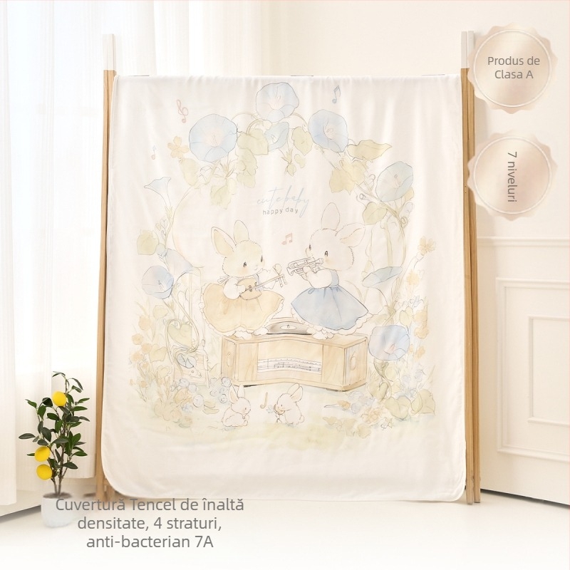 Pătură de aruncat pentru bebeluși — fibre de bambus, model desen animat, siguranță Clasă A, potrivită pentru sugari și copii mici (1–3 ani), pe tot parcursul anului