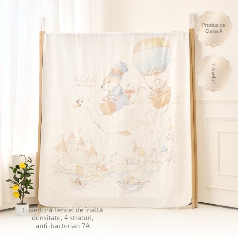 Pătură de aruncat pentru bebeluși — fibre de bambus, model desen animat, siguranță Clasă A, potrivită pentru sugari și copii mici (1–3 ani), pe tot parcursul anului