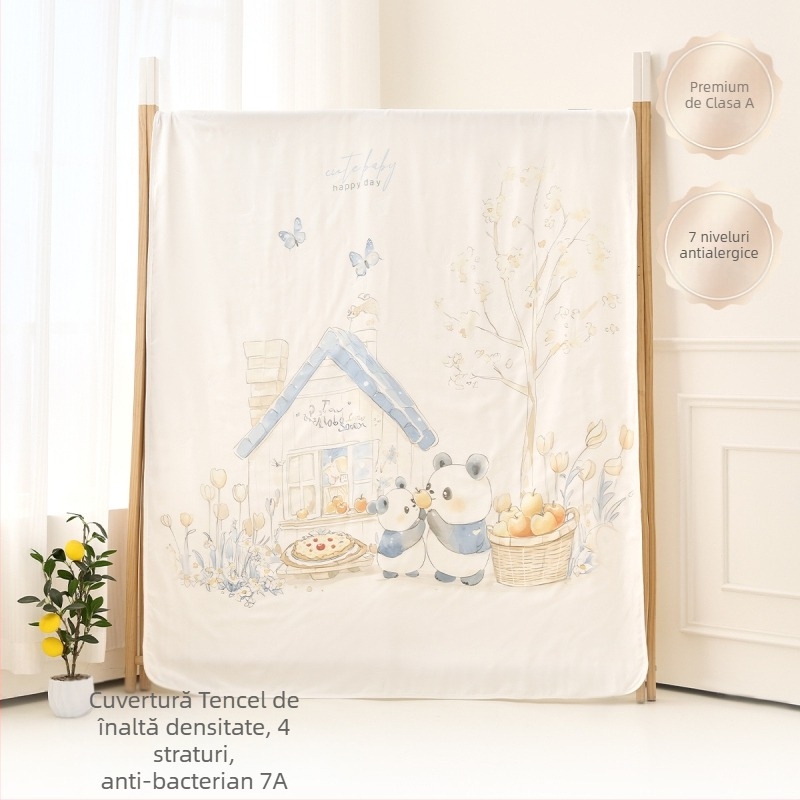 Pătură de aruncat pentru bebeluși — fibre de bambus, model desen animat, siguranță Clasă A, potrivită pentru sugari și copii mici (1–3 ani), pe tot parcursul anului