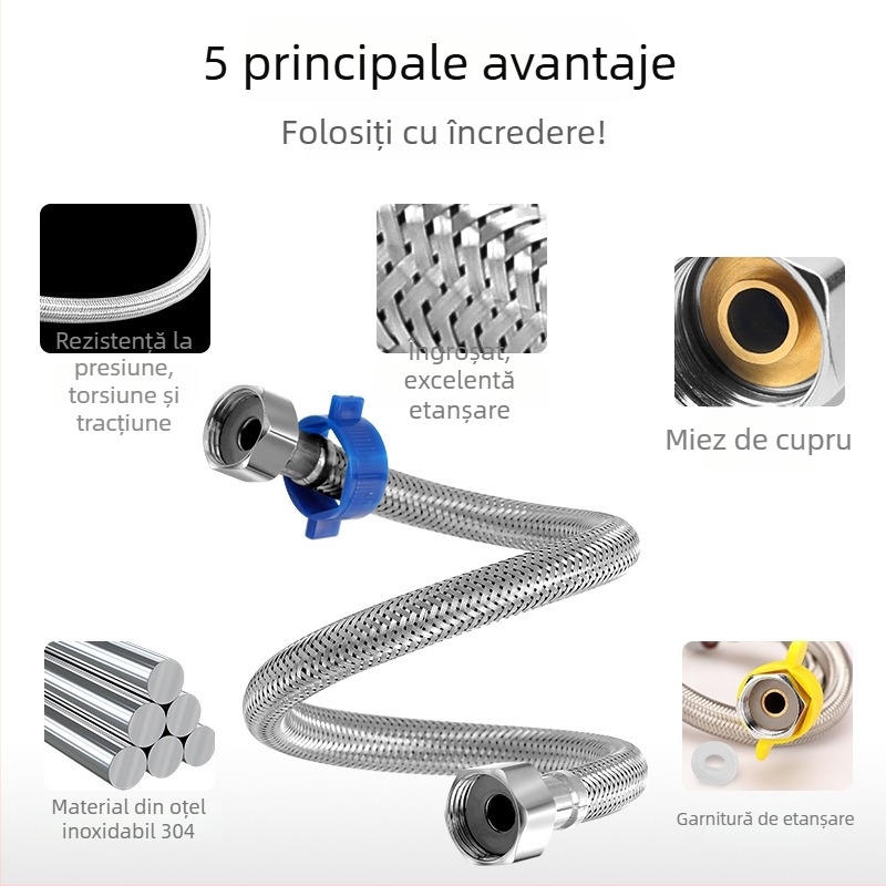 Innovator 304 țeavă împletită din oțel inoxidabil - rezistentă la explozie, înaltă presiune, furtun de alimentare cu apă pentru boilere și toalete, capete din oțel duble, stil modern minimalist