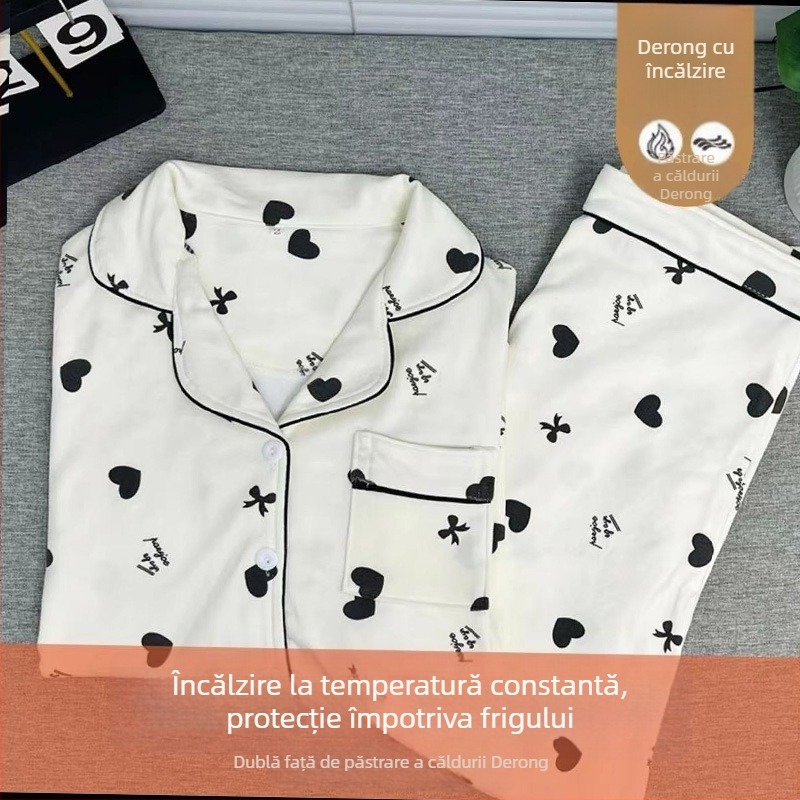 Set de pijamale de dormit cu design în dungi de stil coreean, fleece german, țesătură groasă 251–300 g/m², guler rotund, mâneci lungi, pantaloni lungi, pentru toamnă și iarnă