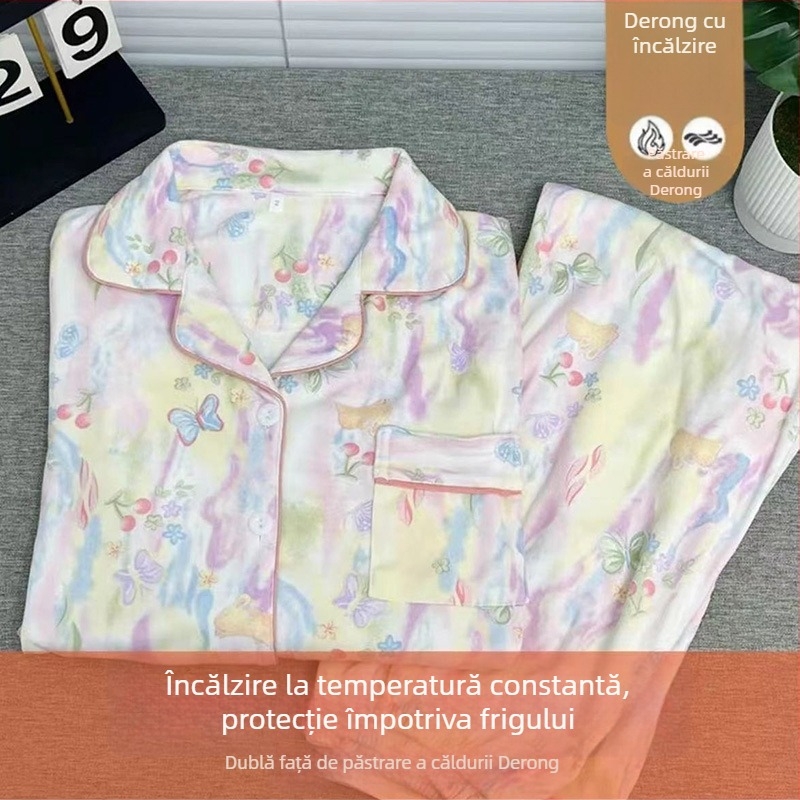 Set de pijamale de dormit cu design în dungi de stil coreean, fleece german, țesătură groasă 251–300 g/m², guler rotund, mâneci lungi, pantaloni lungi, pentru toamnă și iarnă