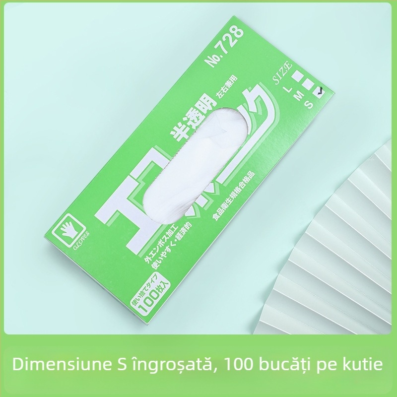 Mănuși de unică folosință din CPE, de calitate alimentară, antiderapante, transparente, ambalate în cutie de bucătărie, grosime 0.05–0.1 mm, 50 de bucăți pe cutie