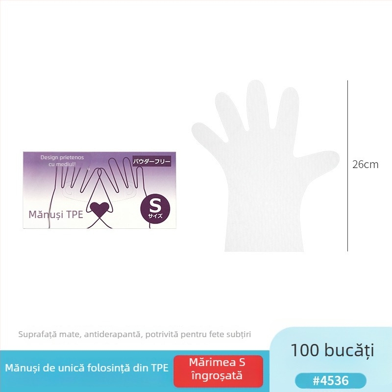Mănuși de unică folosință din CPE, de calitate alimentară, antiderapante, transparente, ambalate în cutie de bucătărie, grosime 0.05–0.1 mm, 50 de bucăți pe cutie