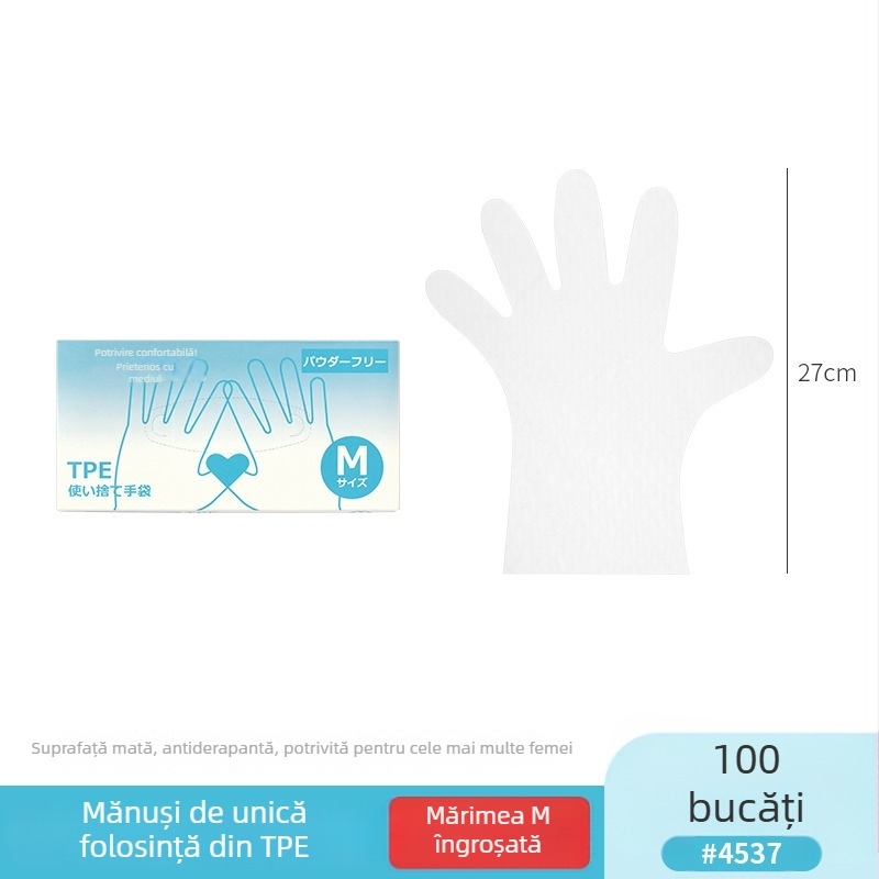 Mănuși de unică folosință din CPE, de calitate alimentară, antiderapante, transparente, ambalate în cutie de bucătărie, grosime 0.05–0.1 mm, 50 de bucăți pe cutie