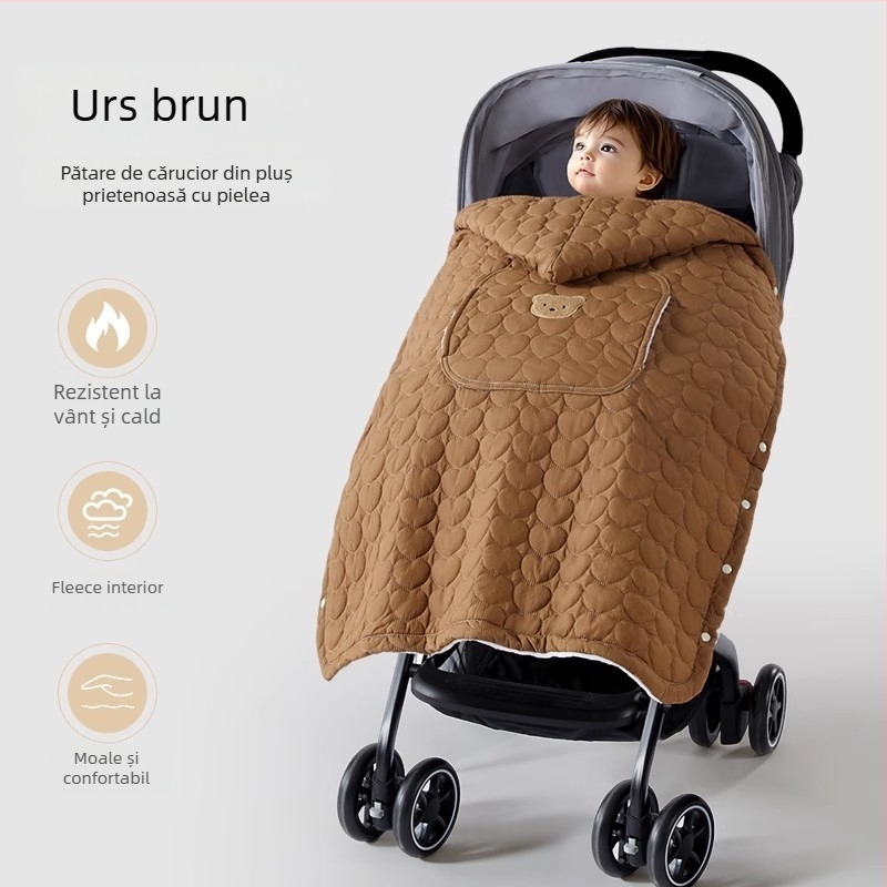 Acoperire pentru cărucior de bebeluși cu pelerină anti-vânt și curea, pătură groasă de iarnă, poliester