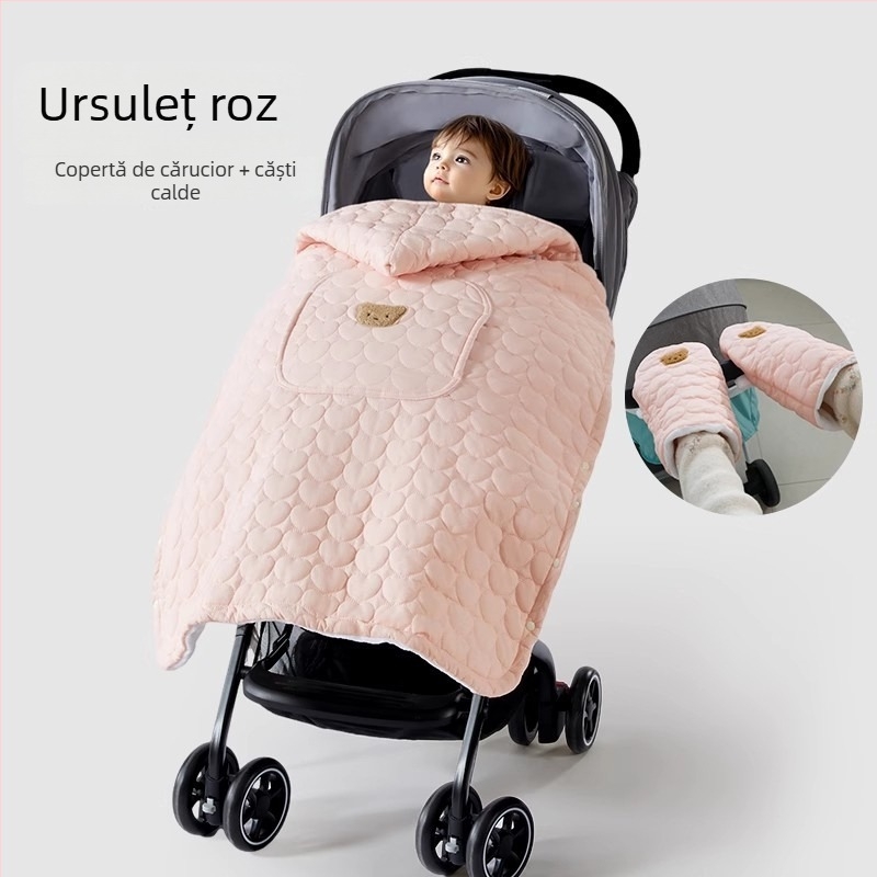 Acoperire pentru cărucior de bebeluși cu pelerină anti-vânt și curea, pătură groasă de iarnă, poliester