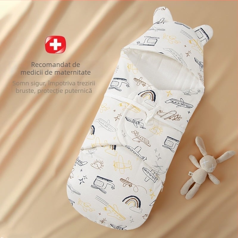 Sac de dormit pentru nou-născuți cu înfășurare integrată, exterior și căptușeală 95% bumbac, umplutură imitatie de mătase, fermoar din nailon, imprimeu cu desene animate, pentru primăvară și toamnă, potrivit pentru nou-născuți 0-12 luni