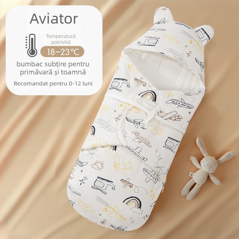 Sac de dormit pentru nou-născuți cu înfășurare integrată, exterior și căptușeală 95% bumbac, umplutură imitatie de mătase, fermoar din nailon, imprimeu cu desene animate, pentru primăvară și toamnă, potrivit pentru nou-născuți 0-12 luni