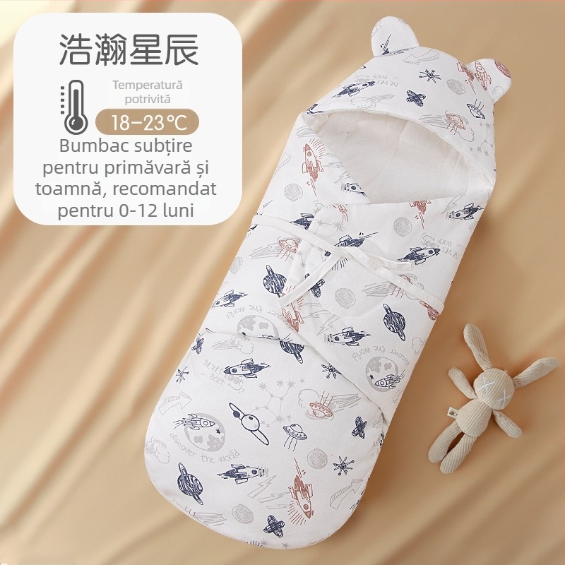 Sac de dormit pentru nou-născuți cu înfășurare integrată, exterior și căptușeală 95% bumbac, umplutură imitatie de mătase, fermoar din nailon, imprimeu cu desene animate, pentru primăvară și toamnă, potrivit pentru nou-născuți 0-12 luni