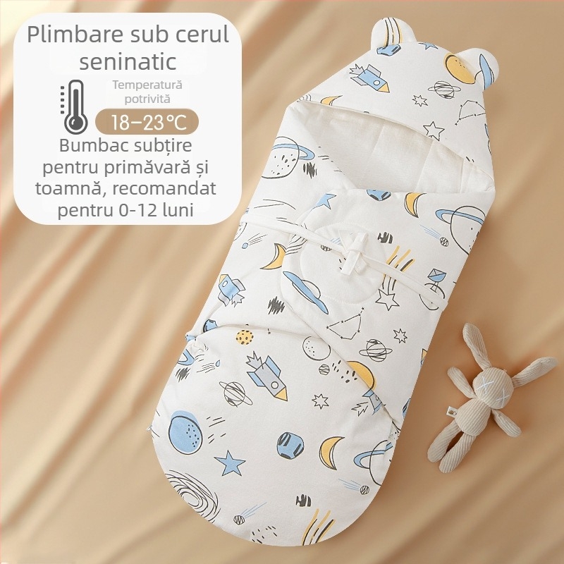 Sac de dormit pentru nou-născuți cu înfășurare integrată, exterior și căptușeală 95% bumbac, umplutură imitatie de mătase, fermoar din nailon, imprimeu cu desene animate, pentru primăvară și toamnă, potrivit pentru nou-născuți 0-12 luni