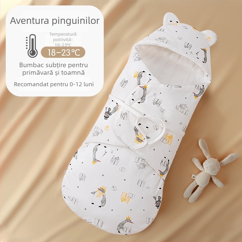 Sac de dormit pentru nou-născuți cu înfășurare integrată, exterior și căptușeală 95% bumbac, umplutură imitatie de mătase, fermoar din nailon, imprimeu cu desene animate, pentru primăvară și toamnă, potrivit pentru nou-născuți 0-12 luni