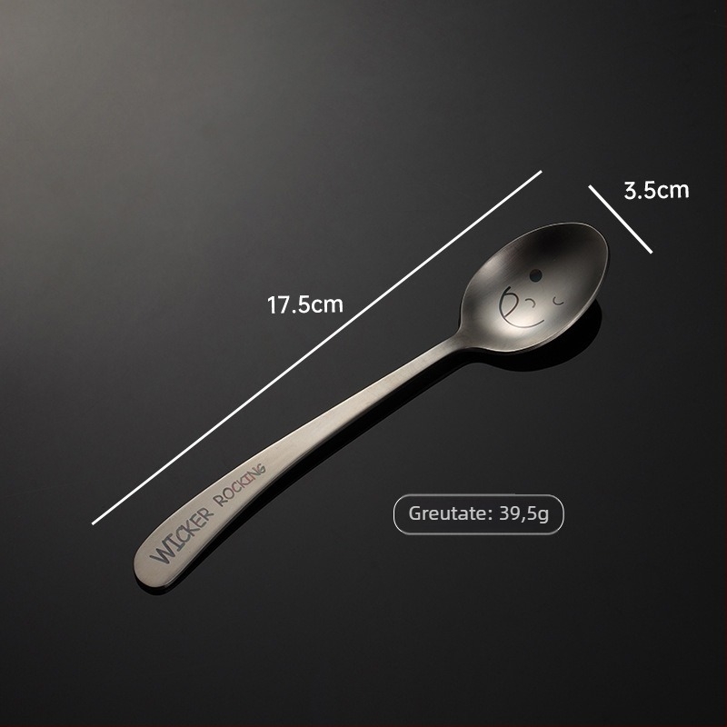 Set tacâmuri din oțel inoxidabil 304 cu motiv zâmbet laser și mâner înclinat – lingură, bețișoare și furculiță, set complet, cu logo imprimat