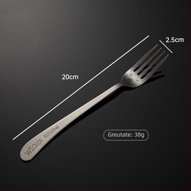 Set tacâmuri din oțel inoxidabil 304 cu motiv zâmbet laser și mâner înclinat – lingură, bețișoare și furculiță, set complet, cu logo imprimat