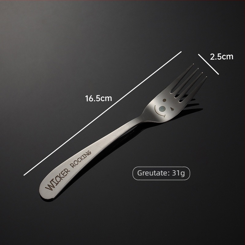 Set tacâmuri din oțel inoxidabil 304 cu motiv zâmbet laser și mâner înclinat – lingură, bețișoare și furculiță, set complet, cu logo imprimat