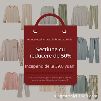 Set de pijamale pentru femei din bumbac 100%, cu top cu mâneci lungi și pantaloni, țesătură subțire, greutate moderată 181–200 g/m2, guler rotund, garderobă home premium pentru toate anotimpurile