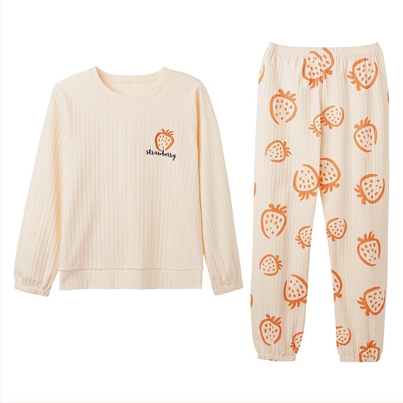 Set de pijamale pentru femei din bumbac 100%, cu top cu mâneci lungi și pantaloni, țesătură subțire, greutate moderată 181–200 g/m2, guler rotund, garderobă home premium pentru toate anotimpurile