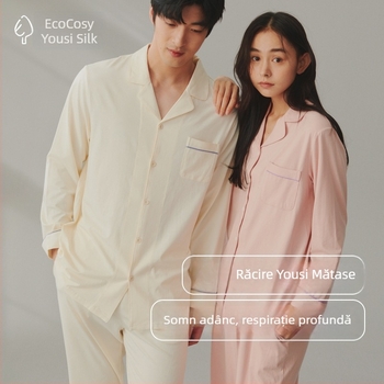 Set de pijama din bumbac, cardigan cu rever, mâneci lungi și pantaloni – stil simplu casual pentru casă