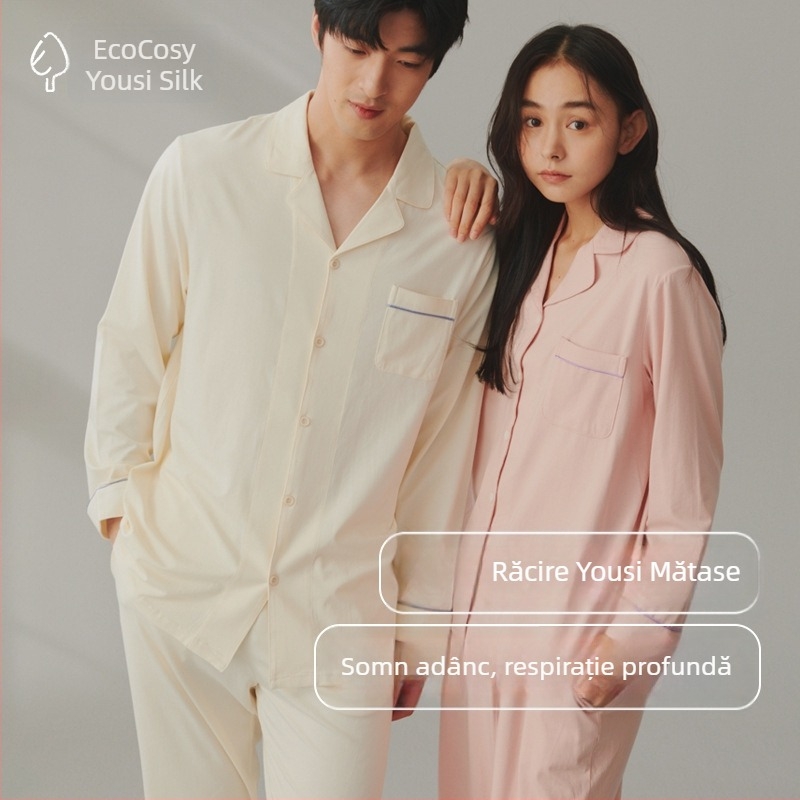 Set de pijama din bumbac, cardigan cu rever, mâneci lungi și pantaloni – stil simplu casual pentru casă