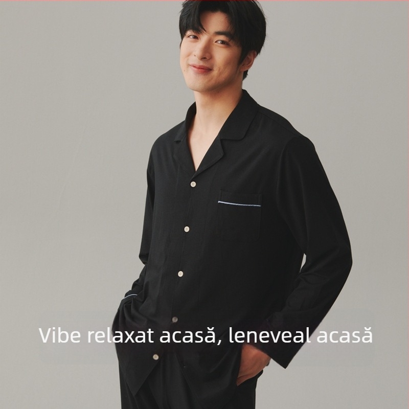 Set de pijama din bumbac, cardigan cu rever, mâneci lungi și pantaloni – stil simplu casual pentru casă