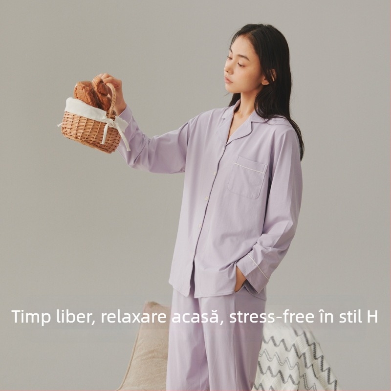 Set de pijama din bumbac, cardigan cu rever, mâneci lungi și pantaloni – stil simplu casual pentru casă