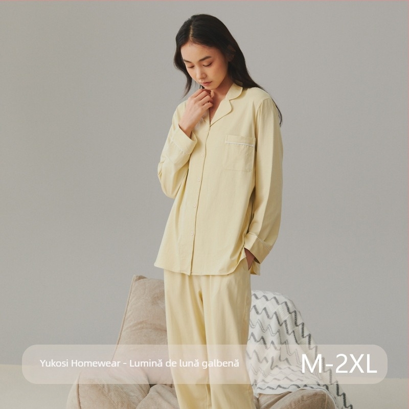 Set de pijama din bumbac, cardigan cu rever, mâneci lungi și pantaloni – stil simplu casual pentru casă