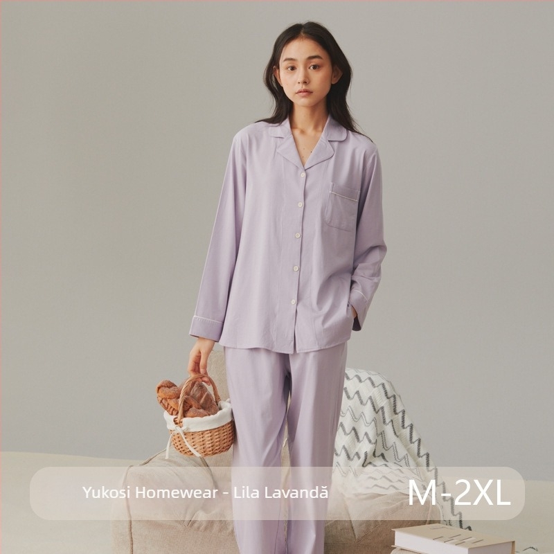 Set de pijama din bumbac, cardigan cu rever, mâneci lungi și pantaloni – stil simplu casual pentru casă