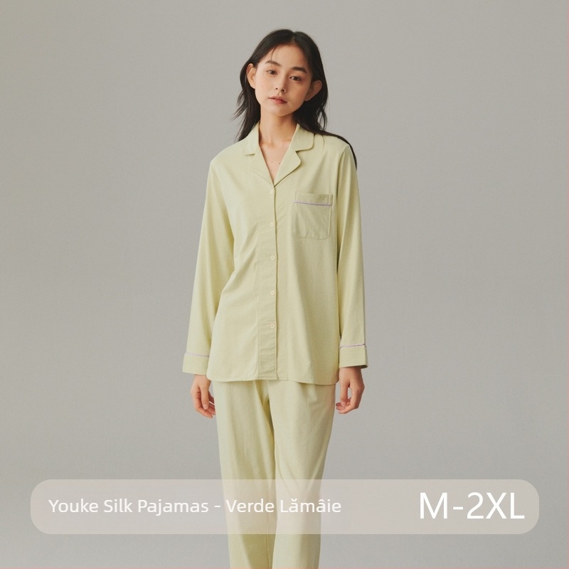 Set de pijama din bumbac, cardigan cu rever, mâneci lungi și pantaloni – stil simplu casual pentru casă