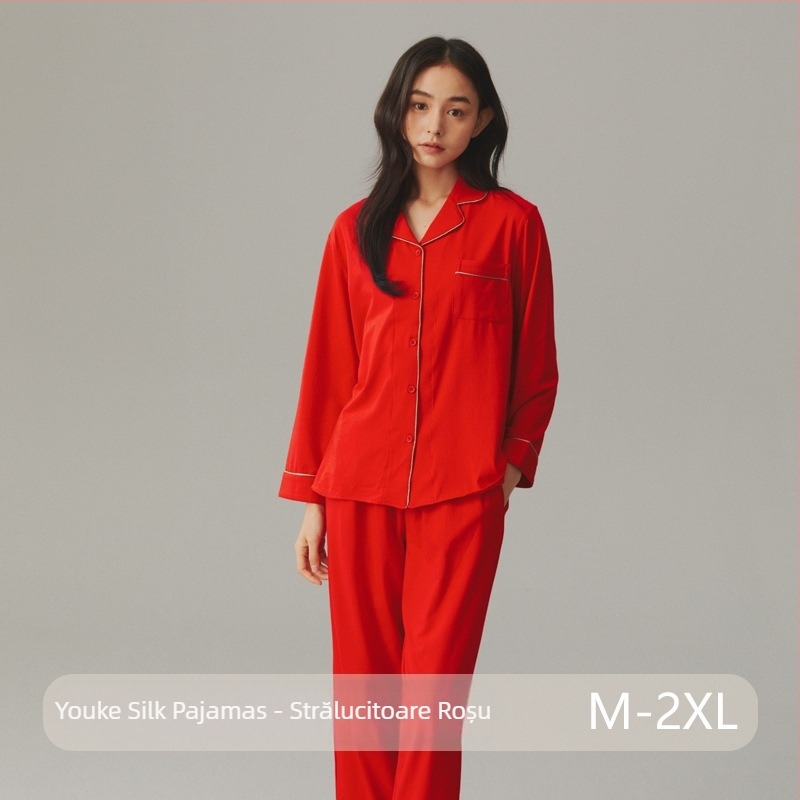 Set de pijama din bumbac, cardigan cu rever, mâneci lungi și pantaloni – stil simplu casual pentru casă