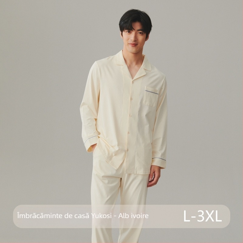 Set de pijama din bumbac, cardigan cu rever, mâneci lungi și pantaloni – stil simplu casual pentru casă