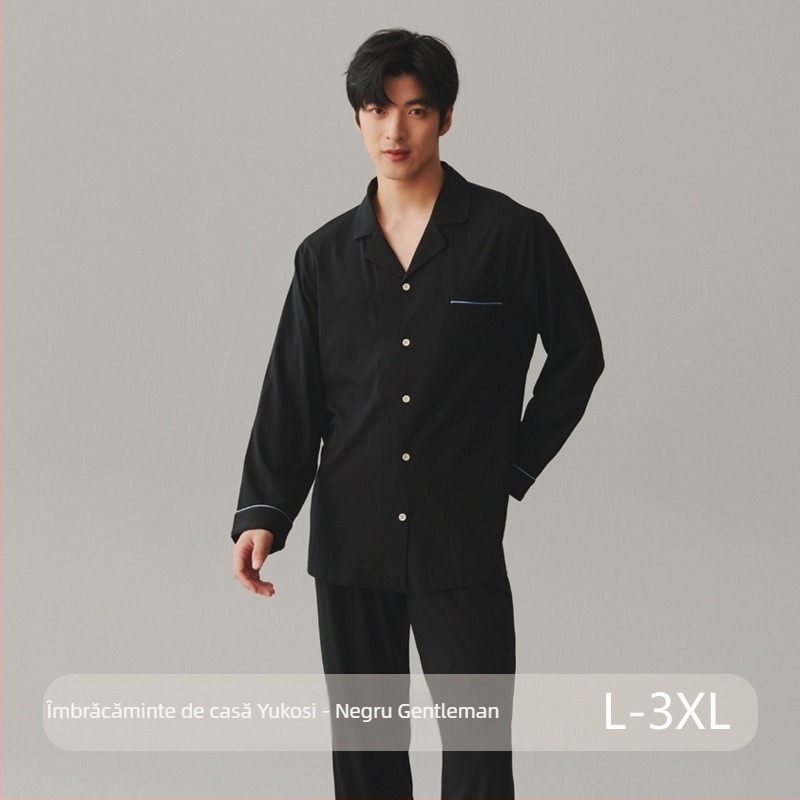 Set de pijama din bumbac, cardigan cu rever, mâneci lungi și pantaloni – stil simplu casual pentru casă