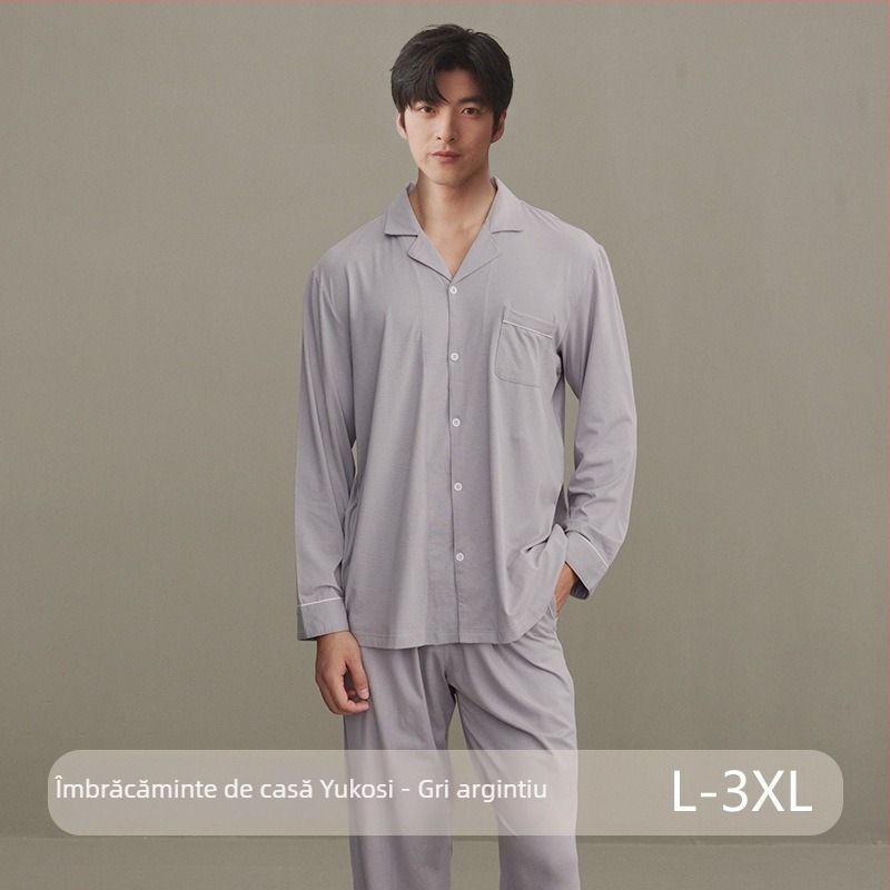 Set de pijama din bumbac, cardigan cu rever, mâneci lungi și pantaloni – stil simplu casual pentru casă