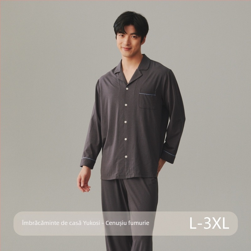 Set de pijama din bumbac, cardigan cu rever, mâneci lungi și pantaloni – stil simplu casual pentru casă