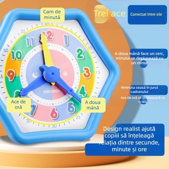 Model de ceas Deli pentru școala primară – materiale didactice pentru ceas și aritmetică, din plastic, potrivit pentru copii 4–6 ani.