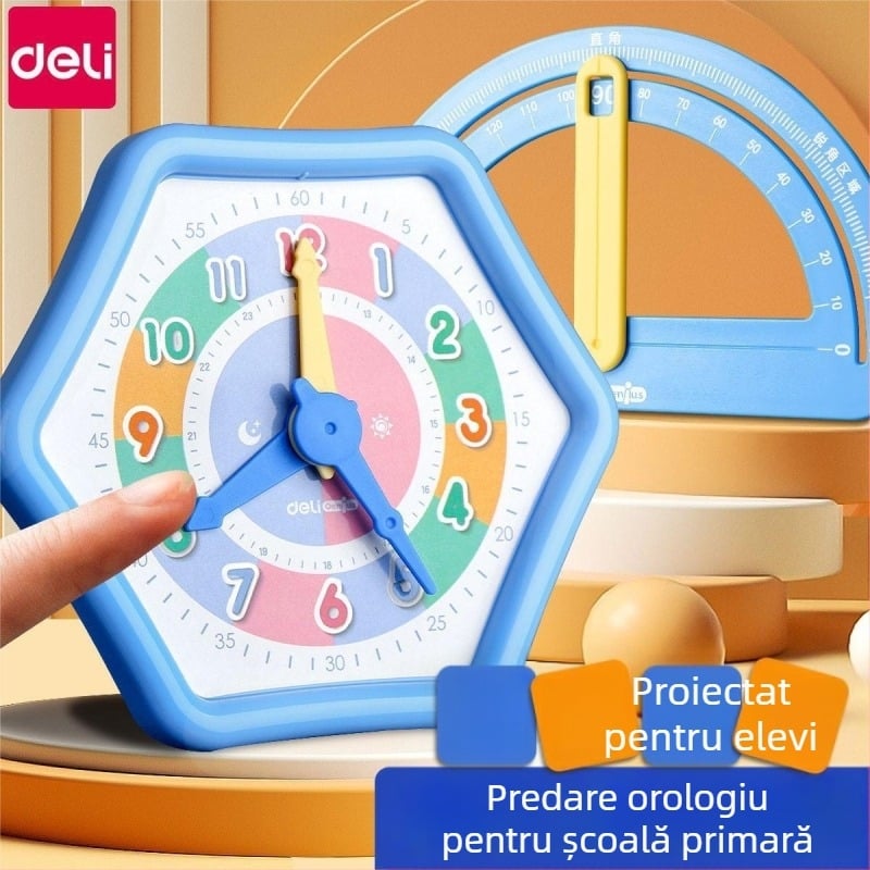 Model de ceas Deli pentru școala primară – materiale didactice pentru ceas și aritmetică, din plastic, potrivit pentru copii 4–6 ani.
