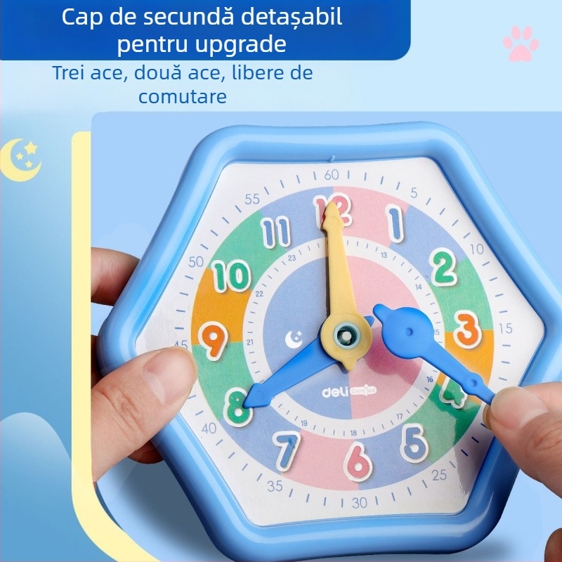 Model de ceas Deli pentru școala primară – materiale didactice pentru ceas și aritmetică, din plastic, potrivit pentru copii 4–6 ani.