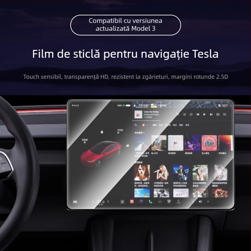 Protecție ecran din film tempered pentru Tesla Model 3 – afișajul consolei centrale și zona din spate; antiamprentă, rezistent la uleiuri