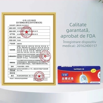 Benzi de test pentru glicemie pentru uz casnic, marca Sannuo, 50 bucăți, cu lancetă, fără aparat