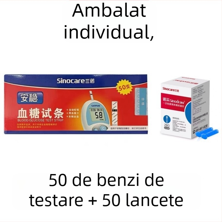 Benzi de test pentru glicemie pentru uz casnic, marca Sannuo, 50 bucăți, cu lancetă, fără aparat