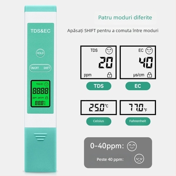 TDS/EC tester portabil pentru apă — înaltă precizie, interval 0-9990 ppm, precizie ±1, rezoluție 1 ppm, alimentare 3V