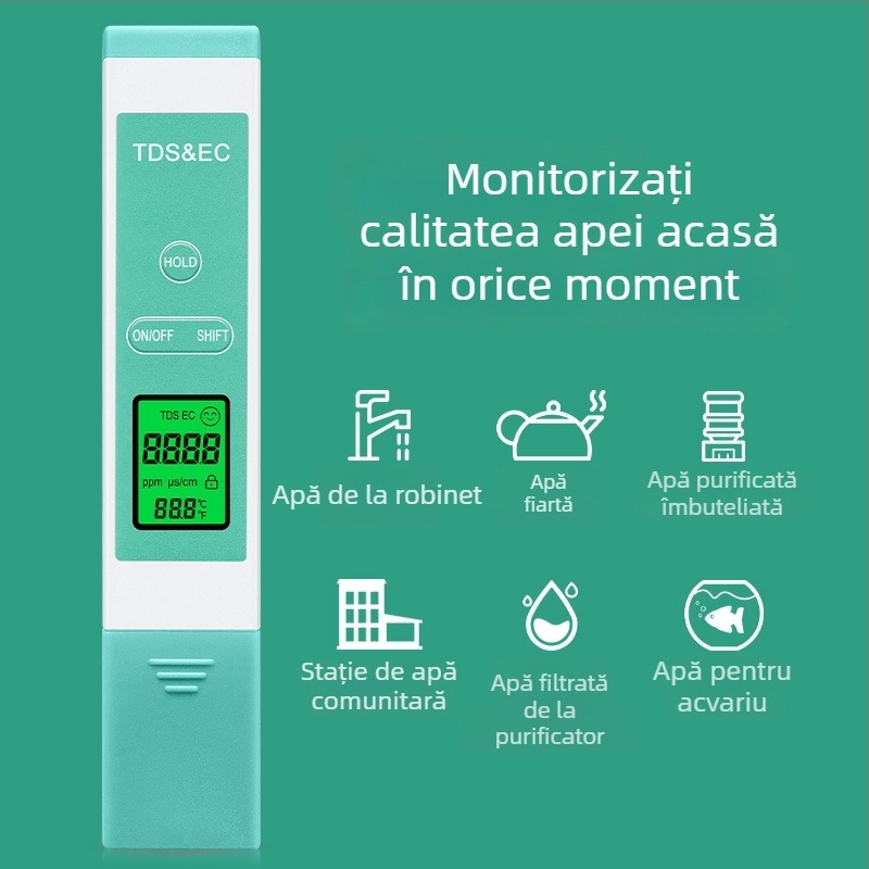 TDS/EC tester portabil pentru apă — înaltă precizie, interval 0-9990 ppm, precizie ±1, rezoluție 1 ppm, alimentare 3V